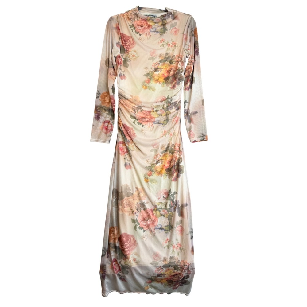 Floral Mesh Cottagecore Fairy Ruched Maxi Dress L Cream Long Sleeve Romantic Y2K